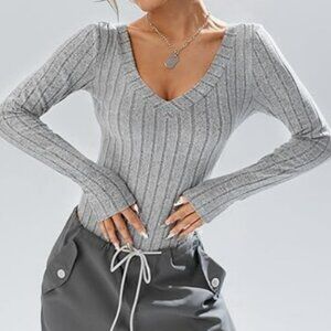 V Neck Long Sleeve Rib Knit Tee Shirt Bodysuit Leotard